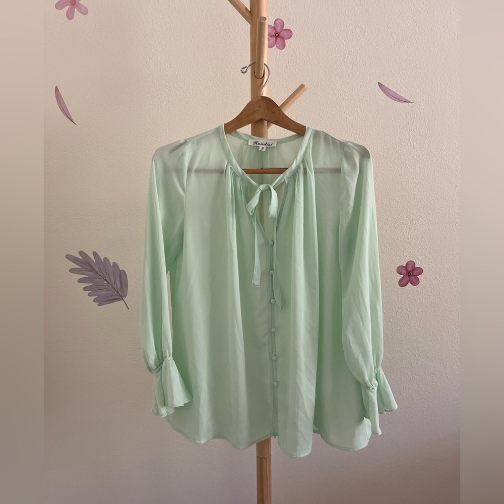 Green Tie Front Relaxed Bib Collar Blouse